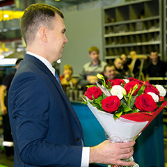Kirill Zhmychkov congratulates the female team on International Women's Day.