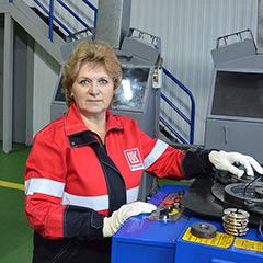 Maintenance technician Evgenia Fortova works in the lapping section of the ESP repair and testing workshop in Kogalym.